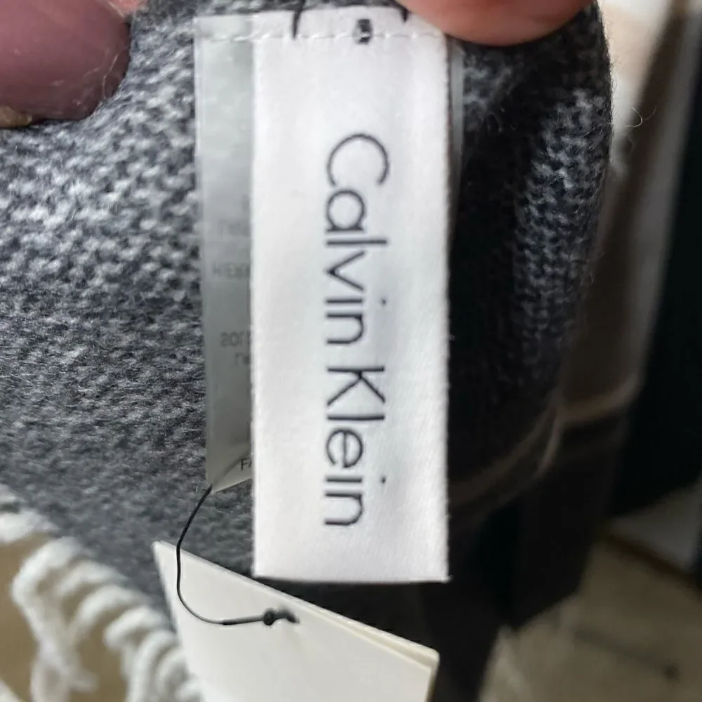 Calvin Klein Scarf wrap grey ivory beige striped 76 x 24 + fringe soft NWT